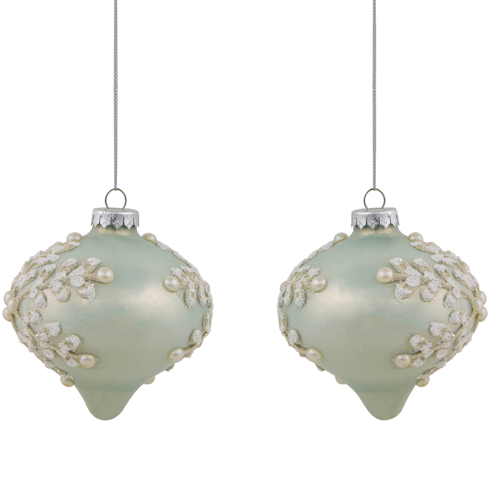 2ct. Pastel Green Icy Snowflakes Glass Onion Ornaments